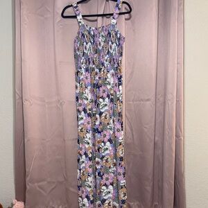 Floral Smocked Jumpsuit in Lavender, White & Tan